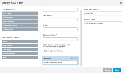 create landing page form